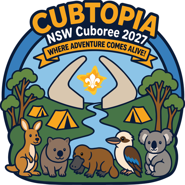 Cubtopia, NSW Cuboree 2027 badge, illustrated with a kangaroo, wombat, platypus, kookaburra and koala beside a winding creek